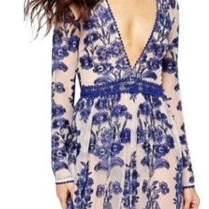 For Love and Lemons Blue Floral Mesh Maxi Dress
